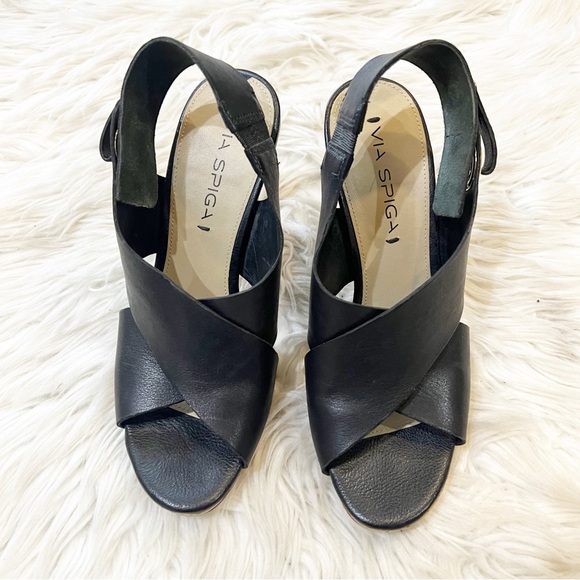 Via Spiga Black Leather Open Toe Cork Heel Onitta Sandals Women’s Size 6.5 - Picture 3 of 10